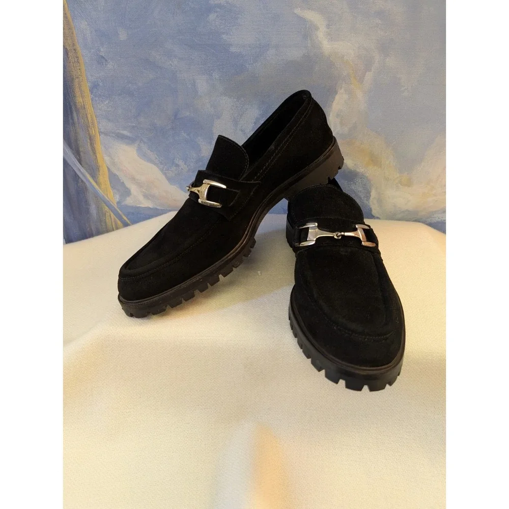 Gucci 43.5/10.5 E Chunky Lug Sole Polished Metal Bit Suede Loafers